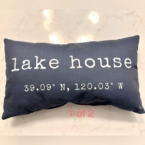 “lake house” Navy throw pillow. Approx. Size: 12”x 21”x 6”